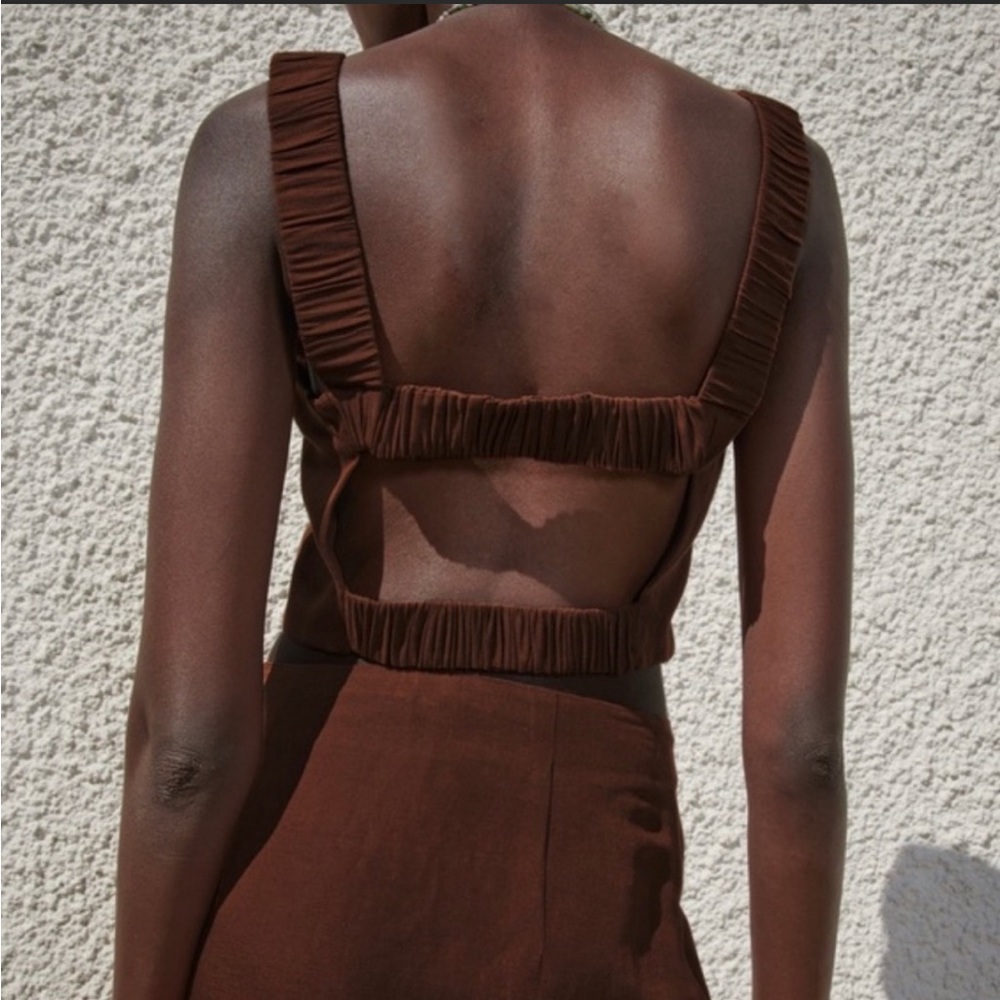 ZARA LINEN BLEND BROWN RUST CROP TOP BRA TOP ELASTIC BACK GORGEOUS